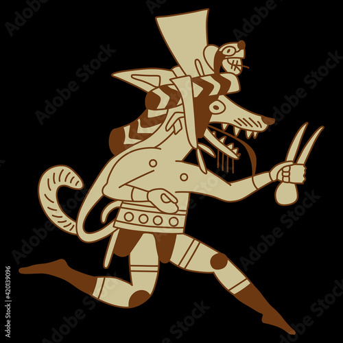 Running anthropomorphic coyote or fox. Native American trickster hero. Ancient Peruvian animal art of Moche or Mochica Indians.