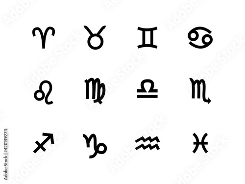 Zodiac sign set vector icons. Black astrological signs isolated on white background