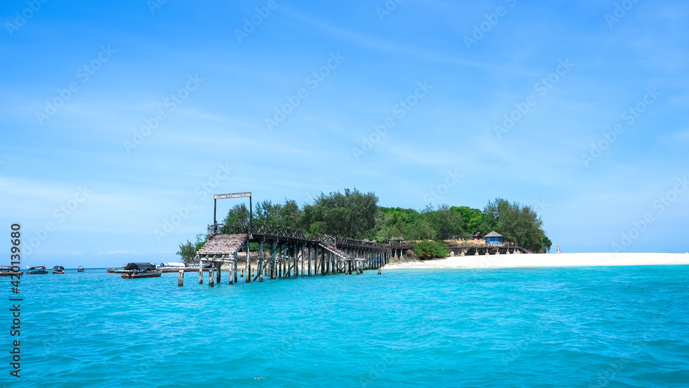 Whole tropical island in Indian Ocean. Zanzibar. Beautiful blue. Selective focus.