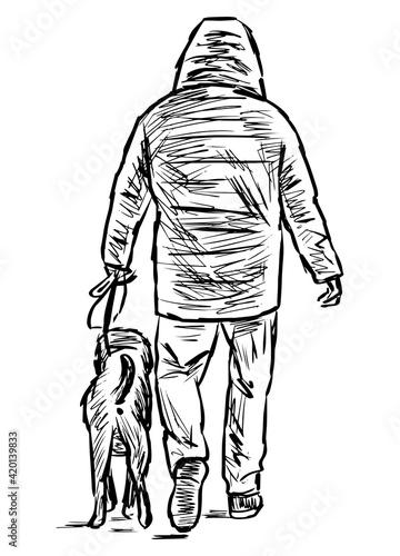 Sketch of man with dog walking outdoors