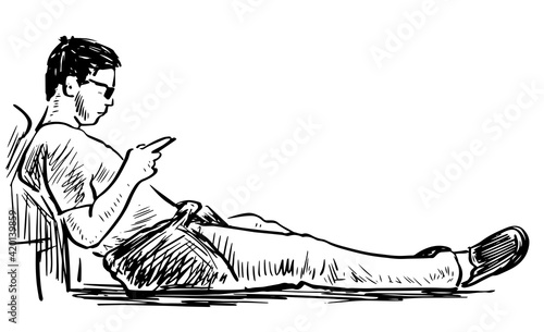 Sketch of young townsman sitting outdoors and looking at smartphone