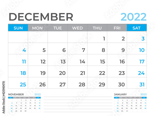December 2022 page, Calendar 2022 template, Desk calendar, planner design, Wall calendar, week starts on sunday, stationery design, Desk office, organizer office, vector 