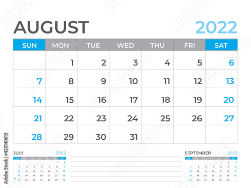 August 2022 page, Calendar 2022 template, Desk calendar, planner design, Wall calendar, week starts on sunday, stationery design, Desk office, organizer office, vector 