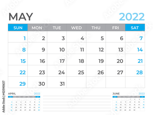 May 2022 page, Calendar 2022 template, Desk calendar, planner design, Wall calendar, week starts on sunday, stationery design, Desk office, organizer office, vector 