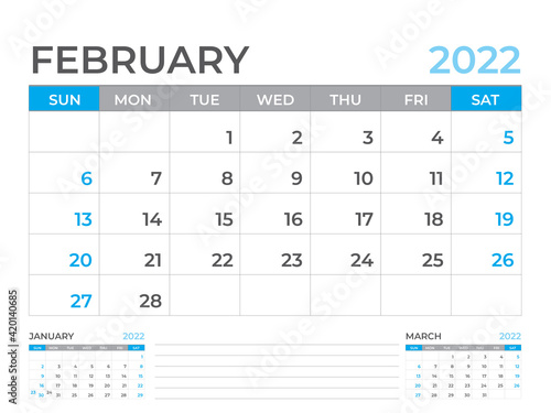 February 2022 page, Calendar 2022 template, Desk calendar, planner design, Wall calendar, week starts on sunday, stationery design, Desk office, organizer office, vector 