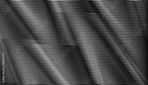 Deep black futuristic abstract texture with diagonal striped volume forms and moire effect. Dark monochrome background saver for interior decor, wall panel, mobile apps, business card, image of blog. 