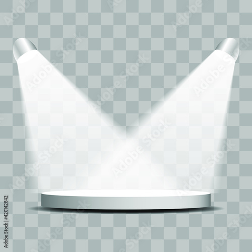 Empty podium. Round podium, pedestal or platform illuminated by spotlights on white background. Vector illustration.