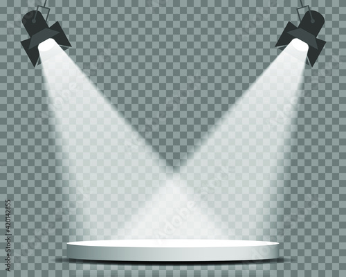 Empty podium. Round podium, pedestal or platform illuminated by spotlights on white background. Vector illustration.