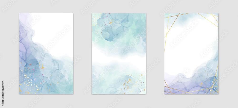 Collection of abstract dusty blue liquid watercolor background with golden stains and frame. Pastel marble alcohol ink drawing effect. Vector illustration design template for wedding invitation
