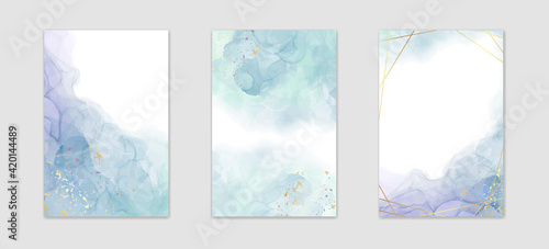 Collection of abstract dusty blue liquid watercolor background with golden stains and frame. Pastel marble alcohol ink drawing effect. Vector illustration design template for wedding invitation