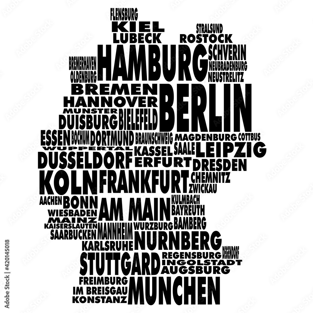 German city names in shape of Germany
