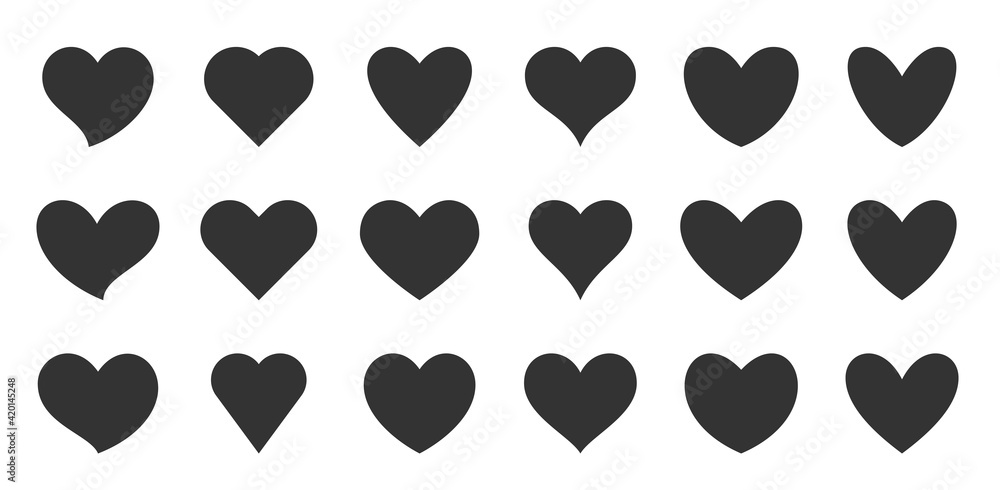 Black silhouette heart flat icon set isolated on white. Different shapes retro abstract romantic love outline graphic design element collection. Health care, wedding, Valentine day card, like symbol - obrazy, fototapety, plakaty 
