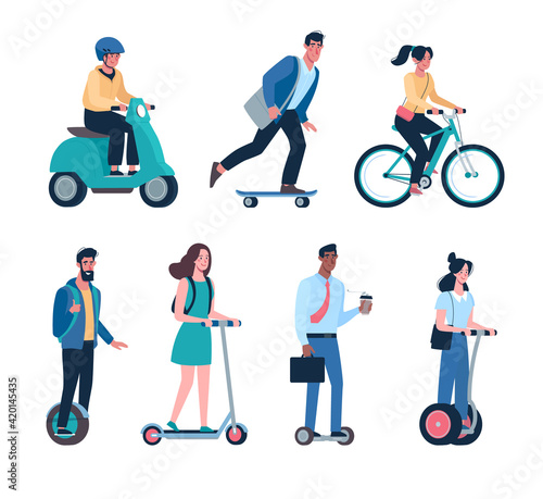 women and men ride modern electric scooters, gyroboard, skateboards, bicycles, mopeds. Eco friendly alternative vehicles set. Vector people in flat style on transparent background.