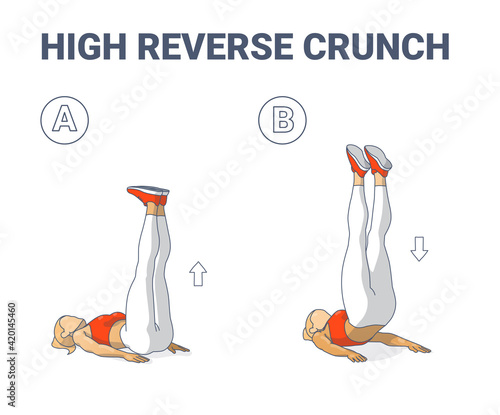 High Reverse Crunch Woman Home Workout Exercise Illustration. Athletic Female Working on Her Abs.