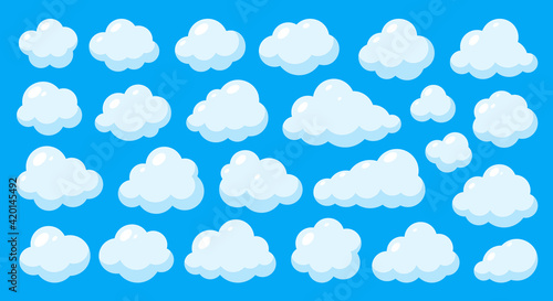 Abstract white cute clouds set isolated on blue sky background. Various round shapes cloud icon symbol collection. Flat cartoon style web banner with light and shadows. Think speech bubble concept