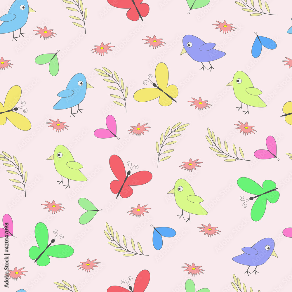 stylish seamless pattern of butterflies, birds and flowers