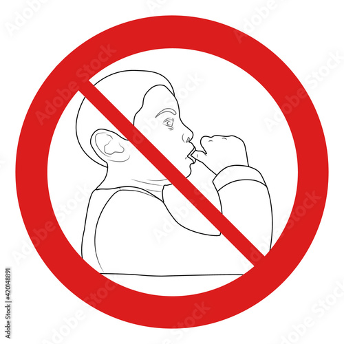 A finger in the mouth of a child. Prohibition sign. To wash hands.