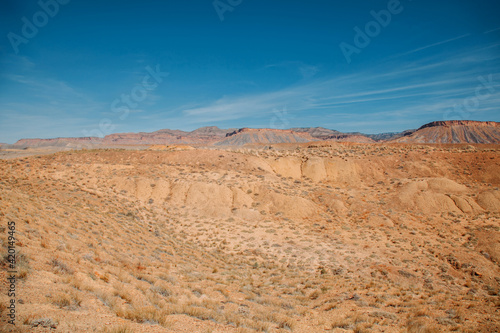 American steppes and deserts. Panoramic view from the car window