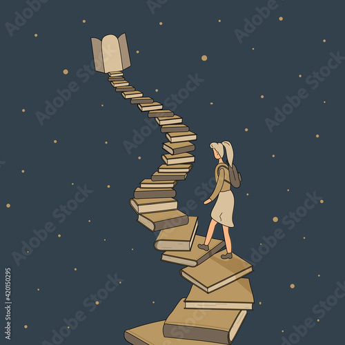 Concept: book or reading is source of knowledge.Tiny girl climb up stack of books in form of ladder leading up to open door with light coming from it.On background of a starry sky.Hand drawn vector