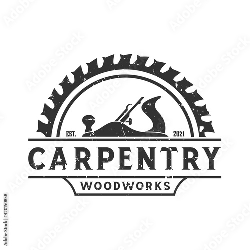 retro vintage, jack plane carpentry woodwork logo design template vector