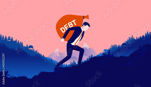 Big debt - Man carrying the heavy weight of financial debt on his back up hill. Economic struggle and problems concept. Vector illustration.