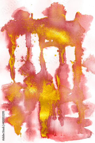 Abstract watercolor painting with red and gold tones
