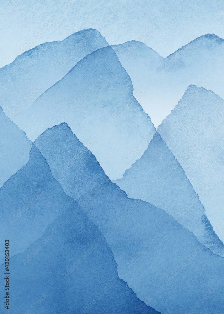 Obraz premium Abstract Arrangements. Landscapes, mountains. Posters. Blue, navy, white watercolor Illustration, background. Modern print set. Wall art. Business card. Printable. Pastel.