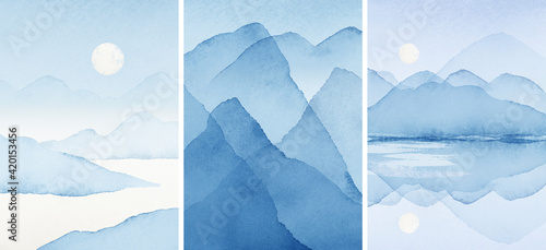 Abstract Arrangements. Landscapes, mountains. Posters. Blue, navy, white watercolor Illustration, background. Modern print set. Wall art. Business card. Printable. Pastel.