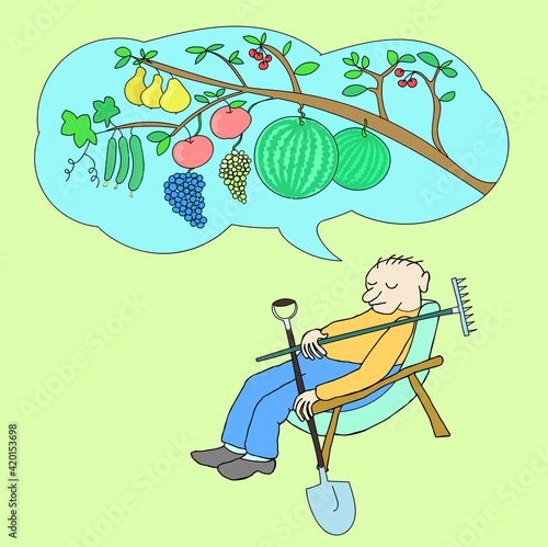 Man has dozed off and is dreaming. Dream of a wonderful harvest. Color illustration