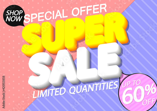 Super Sale 60% off, poster design template, great offer banner, vector illustration