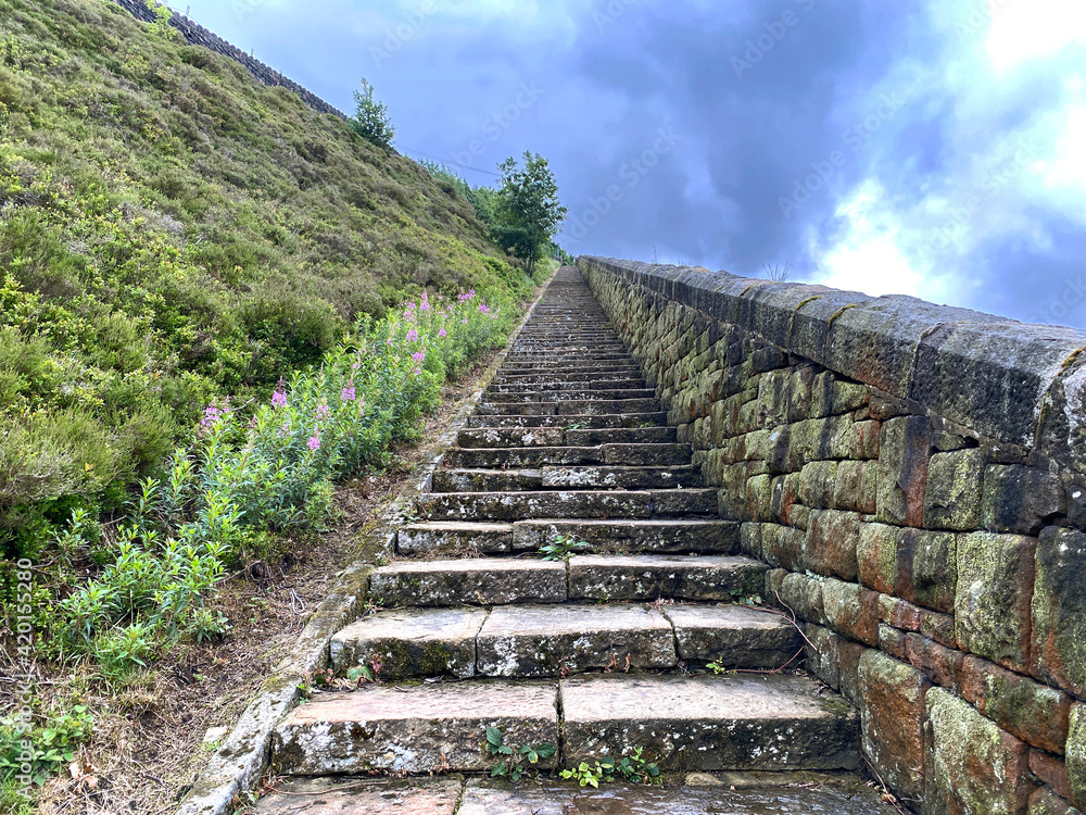 Old stone steps, leading from, Butterley Reservoir, with wild plants, gorse, and a stormy sky in, Marsden, Huddersfield, UK