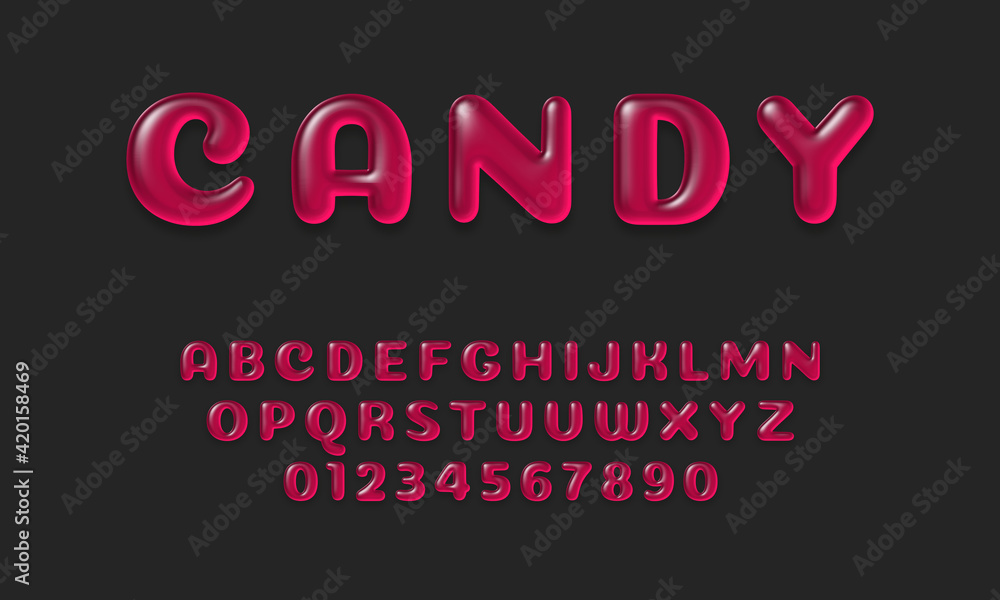 Pink glossy alphabet letter set and numbers, 3D rendering, creative uppercase font design for food and candy concepts