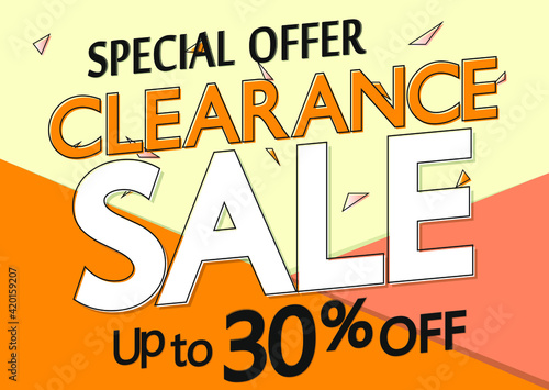 Clearance Sale 30% off, poster design template, great offer banner, vector illustration