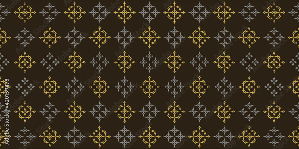 stylish gray and gold seamless geometric pattern on black background, vector graphics
