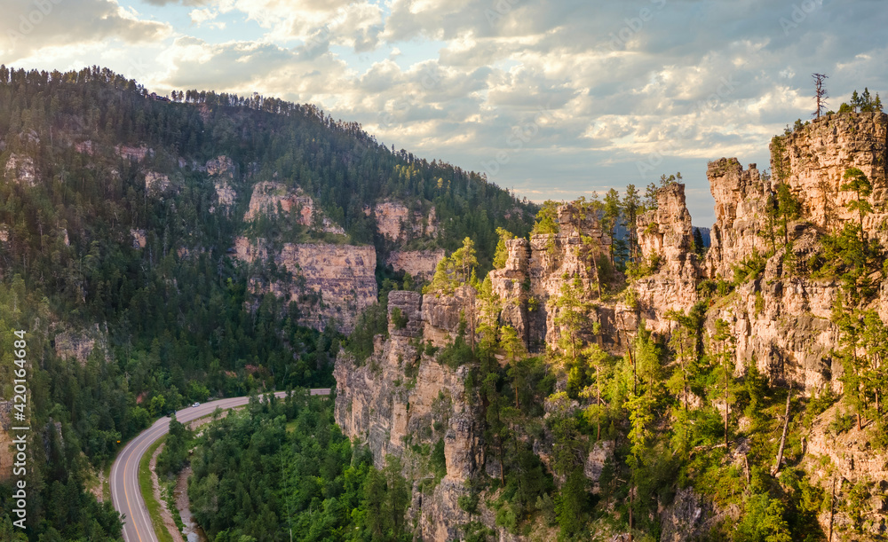 Sunset lighting on the  dramatic scenic drive through Spearfish Canyon Scenic Byway, South Dakota Black Hills