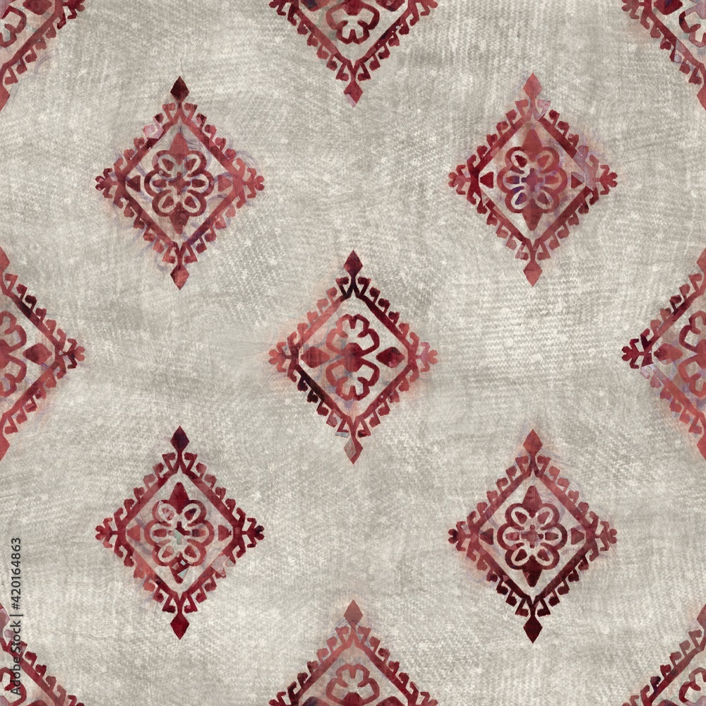 Seamless grungy tribal ethnic rug motif pattern. High quality illustration. Distressed old looking native style design in faded sun burnt red and cream colors. Old artisan textile seamless pattern. Seamless grungy tribal ethnic rug motif pattern. High quality illustration. Distressed old looking native style design in faded sun burnt red and cream colors. Old artisan textile seamless pattern.
