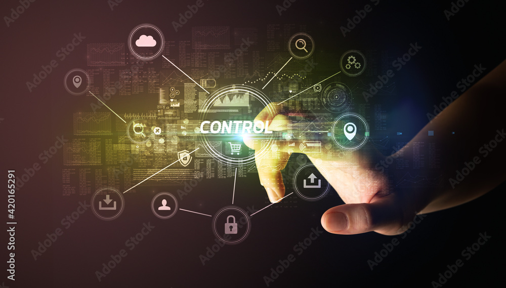 Hand touching cybersecurity button Hand touching cybersecurity button