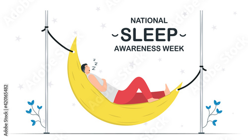 National Sleep Awareness Week. Man is on the moon cradle. Vector illustration in flat style. This graphic is isolated on white background. 14 to 20 March, 2021.
