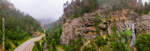 Bridal Veil Falls in Fog on the Spearfish Canyon Scenic Byway, South Dakota Black Hills 