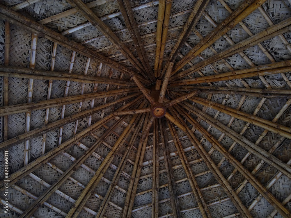 bamboo hut with coconut roof ceiling, Madavoor rock cut temple, Thiruvananthapuram Kerala