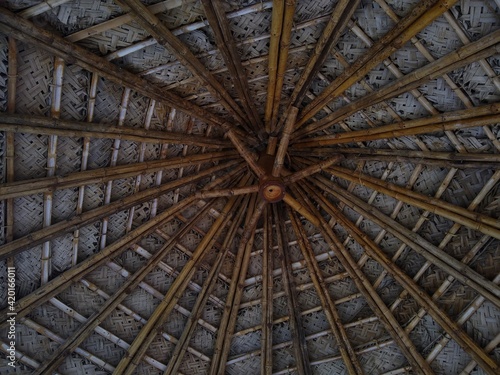 bamboo hut with coconut roof ceiling  Madavoor rock cut temple  Thiruvananthapuram Kerala
