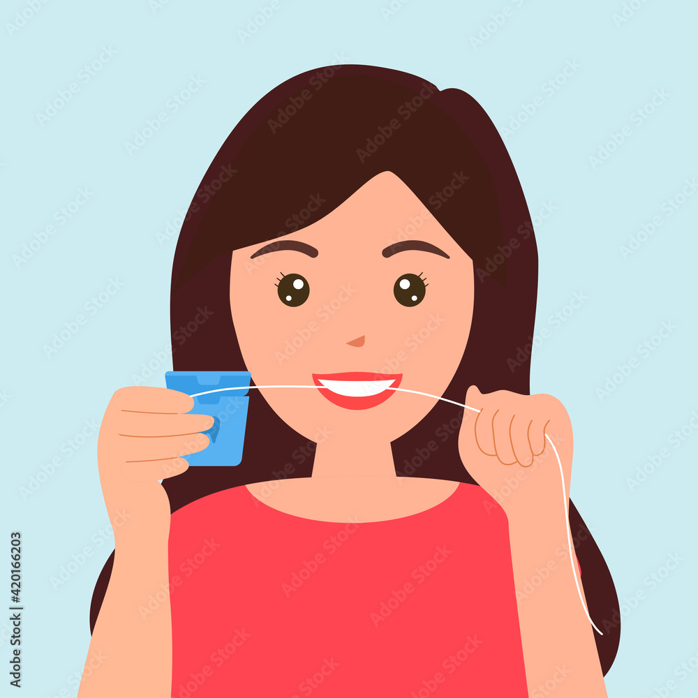 Woman using dental floss to clean teeth in flat design. Dental hygiene. Oral care. Woman using dental floss to clean teeth in flat design. Dental hygiene. Oral care.