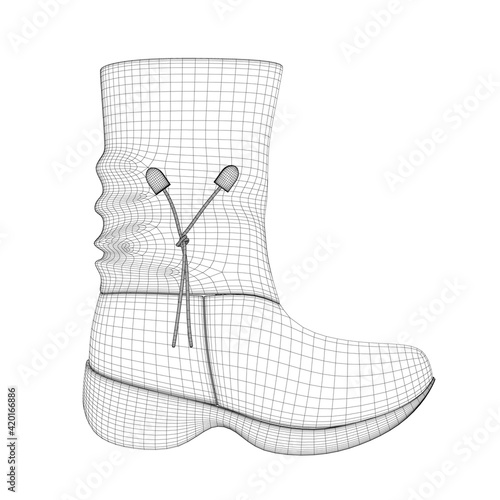 Wireframe of a polygonal female boot made of black lines, isolated on a white background. Side view. 3D. Vector illustration