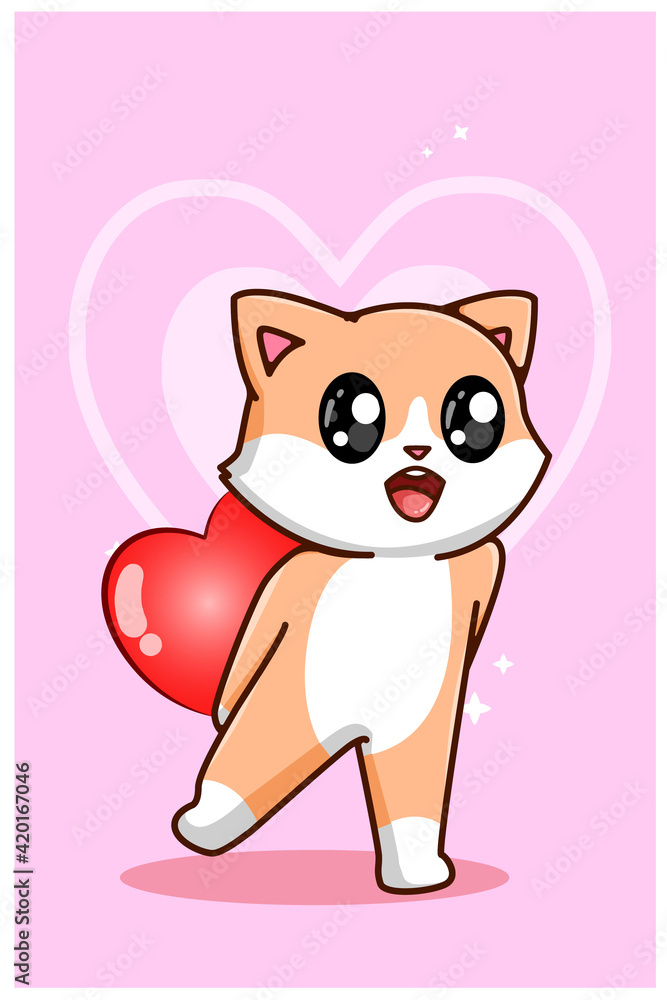 A cute cat holding a big heart on valentines day cartoon illustration A cute cat holding a big heart on valentines day cartoon illustration
