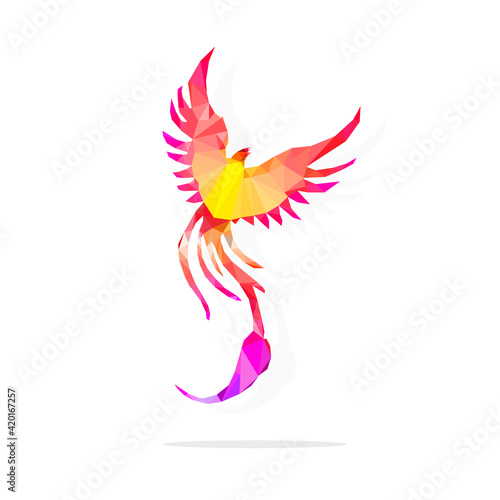 Concept low poly logo. Vector Bird animal with red skin appearance, mythical creature, fairy tale. Illustration for fire bird content, symbol, branding, logo, triangular shape, geometry, animal shape