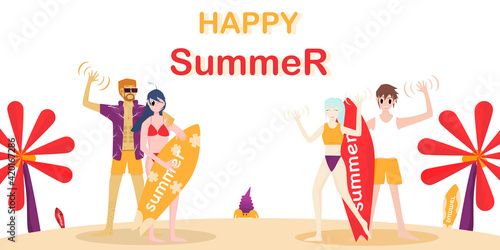 Concept happy summer. group of friends meeting for the beach, vacationers, and sea beach-style backgrounds. Vector illustration for content vacation, summer, travel, summer sea, relaxation lifestyle.
