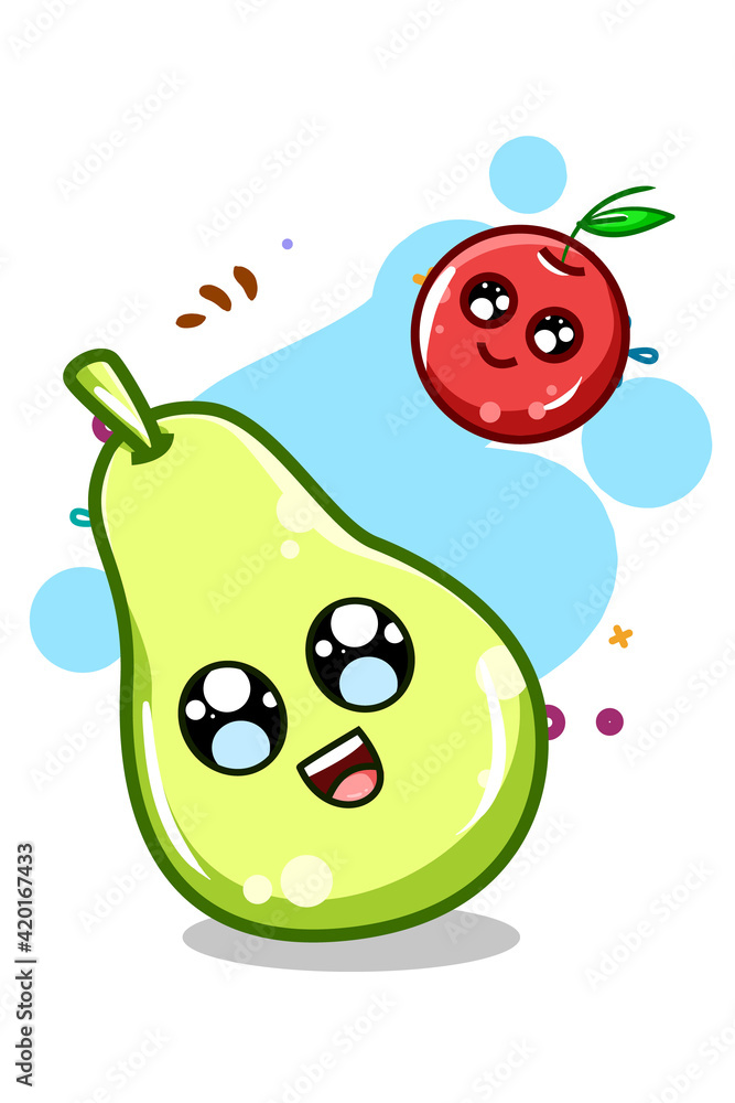 A cute and happy pear and cherry cartoon illustration A cute and happy pear and cherry cartoon illustration