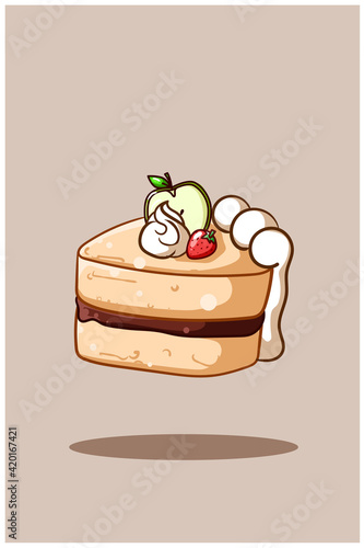 Illustration of a sliced tart with strawberry and apple cartoon illustration