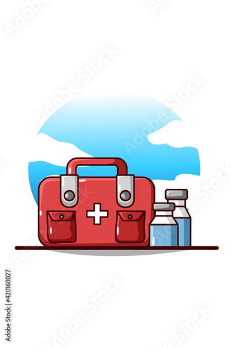 First aid backpack and medicine cartoon illustration