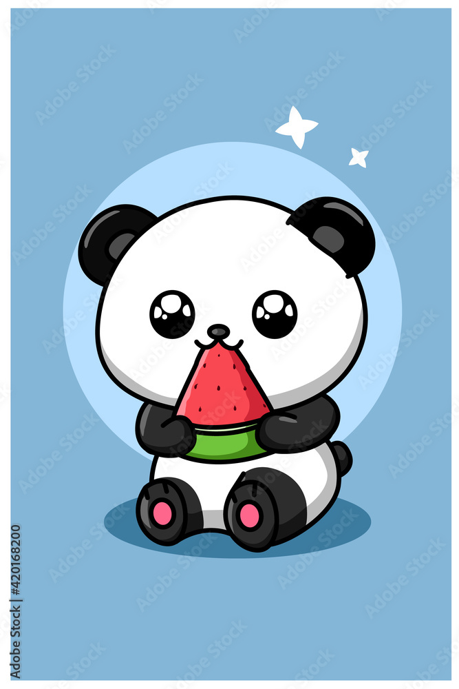 Naklejka premium Cute panda eating watermelon animal cartoon illustration